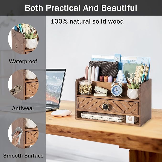 dreampossible Brown Wood Desk Organizer and Accessories with Drawer, Bill Mail Organizer and File Mail Holder for Office Supplies, Desk Accessories & Workspace Organizers
