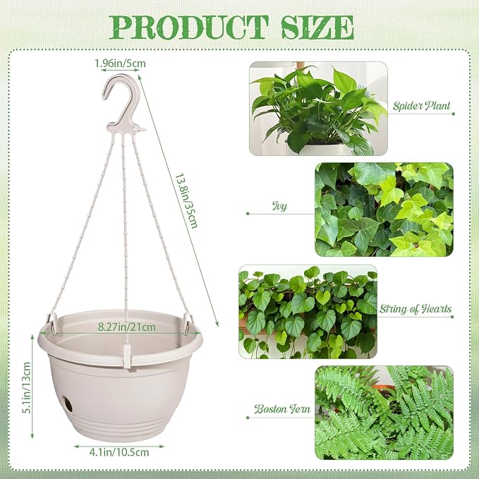 2 Pack 8 Inch Self-Watering Hanging Planters, Dual-Use Plastic Flower Pots with Water Storage and Drainage, Indoor Outdoor Plant Containers for Herbs, Spider Plants, Pothos