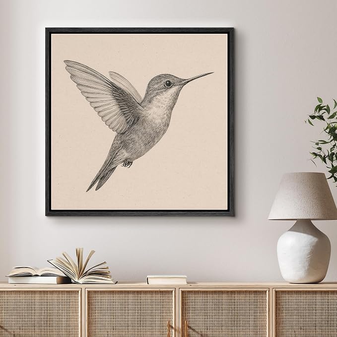 SIGNFORD Framed Canvas Print Wall Art Hummingbird Vintage Sketch Modern Art Relax/Calm Warm for Living Room, Bedroom, Office - 16"x16" BLACK