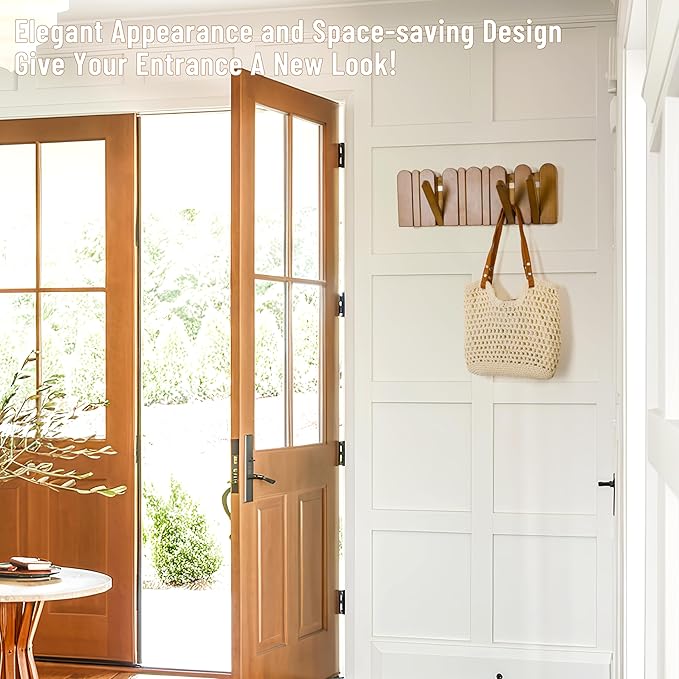 Wall Coat Rack for Entryway: Wooden Modern Heavy Duty 6 Hooks Retractable Wall Mounted for Small Spaces Hallway Bathroom Bedroom for Hanging Jacket Towel Backpack Bag