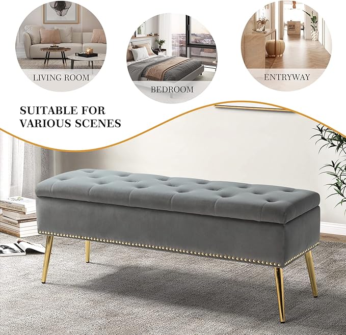 HULALA HOME Modern Velvet Storage Ottoman Bench with Gold Base & Nailhead Trim, Upholstered Bedroom Bench for End of Bed, Button-Tufted Footstool for Entryway Living Room Dining Room, Grey