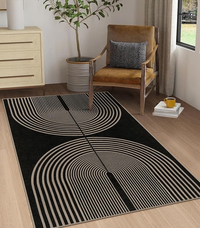 Rugalia Easy Jute Small Outdoor Patio Rug, 3x5 Black Rainbow Entryway Rug Washable Non-Slip Modern Kitchen Rugs, Neutral Farmhouse Boho Throw Carpet for Outdoor Living Room Porch Backyard