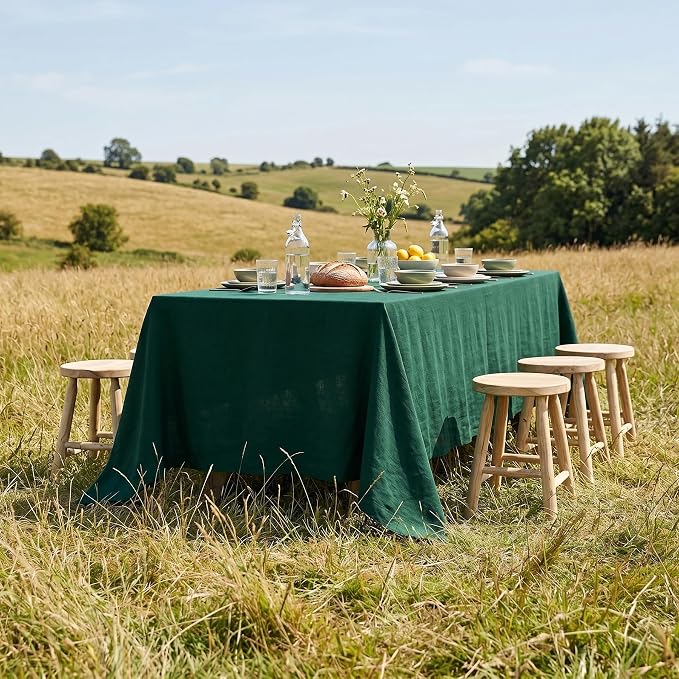 Solino Home Linen Tablecloth for Rectangle Tables 60 x 90 Inch - 100% Pure Linen Rainforest Green Table Cloth - Fete, Machine Washable Cloth Tablecloth