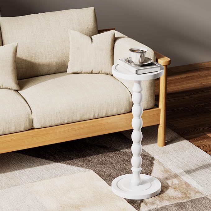 Solid Wood Drink Table, Rubber Wood‌ Small Round Side Table for Small Spaces, Martini Tables, Pedestal End Tables for Living Room, Bedroom, Corners, and Office (White, 9.4 inch)