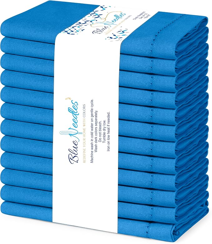 Blue Needles Set of 12 Hemstitch Linen Napkins 100% Cotton Royal Blue Cloth Dinner Napkins 18x18 inches, Soft, Reusable, Absorbent, Washable, Ideal for Spring Summer Easter Parties & Everyday Use