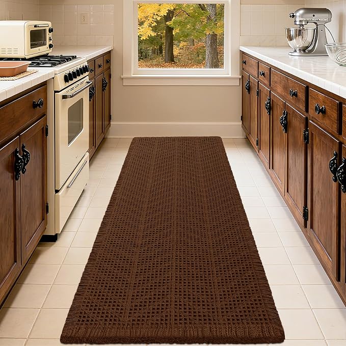 Waffle Bath Mat, Boho Woven Modern Bath Rug Absorbent Non Slip, Ultra Soft Bathroom Mats, Machine Washable Knit Bath Rugs with Herringbones for Bathroom, Bedroom, Kitchen, Shower, Tub, 36"x24", Brown