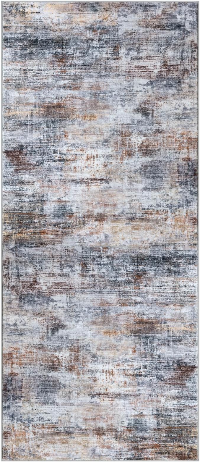 IOHOUZE Abstract Runner Rug 3x7 Ft Washable Runners for Hallways, Non Slip Kitchen Runner Printed Faux Wool Entryway Runner Indoor, Modern Abstract Floor Carpet for Hall Kitchen Bedroom, Orange Grey
