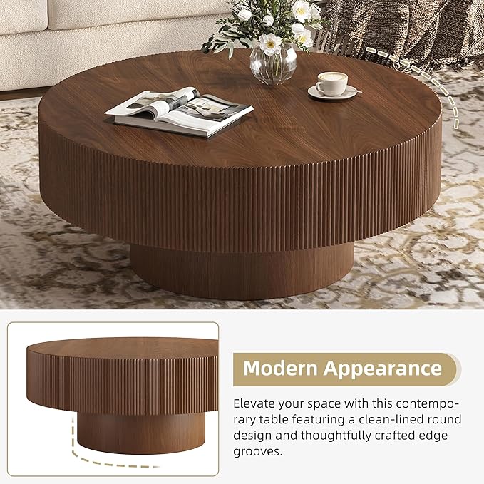 Merax Modern 31 Inch Round Coffee Table with Sturdy Base, Wood Center Tables for Living Room Reception Room, Easy Assemble, Walnut