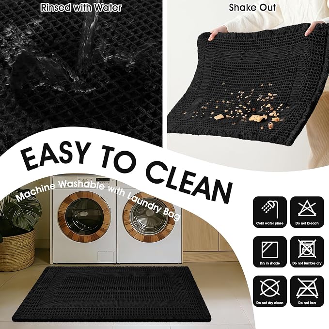 Extra Large Waffle Bath Mat, 6'x2' Black-Looped, Super Absorbent Non-Slip Quick Dry Bathroom Rugs with Tassels, Machine Washable Ultra Soft Boho Bath Rugs for Floor, Toilet Mats Boho Farmhouse Decor
