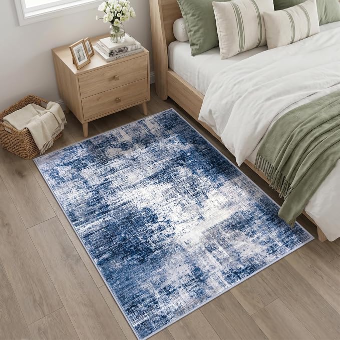IOHOUZE Abstract Area Rug 4x5 Ft Washable Rugs for Entryway Indoor, Non Slip Small Living Room Rugs Printed Faux Wool Throw Rug, Floor Carpet for Kitchen Nursery Playroom, Navy/Grey