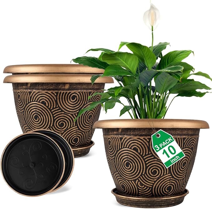 Fodetyff 10 Inch Flower Pots Planters for Indoor Outdoor Plants, 3 Pack Plastic Large Plant Pots with Drainage Hole & Tray, Modern Decorative Garden Pot with Saucer, Plant Container for House