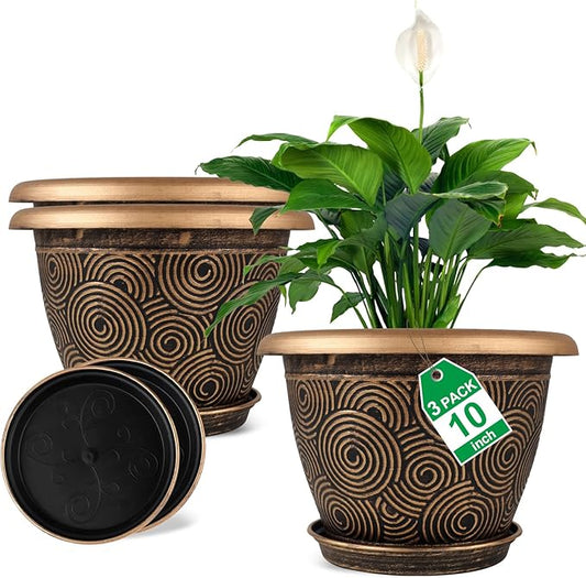 Fodetyff 10 Inch Flower Pots Planters for Indoor Outdoor Plants, 3 Pack Plastic Large Plant Pots with Drainage Hole & Tray, Modern Decorative Garden Pot with Saucer, Plant Container for House