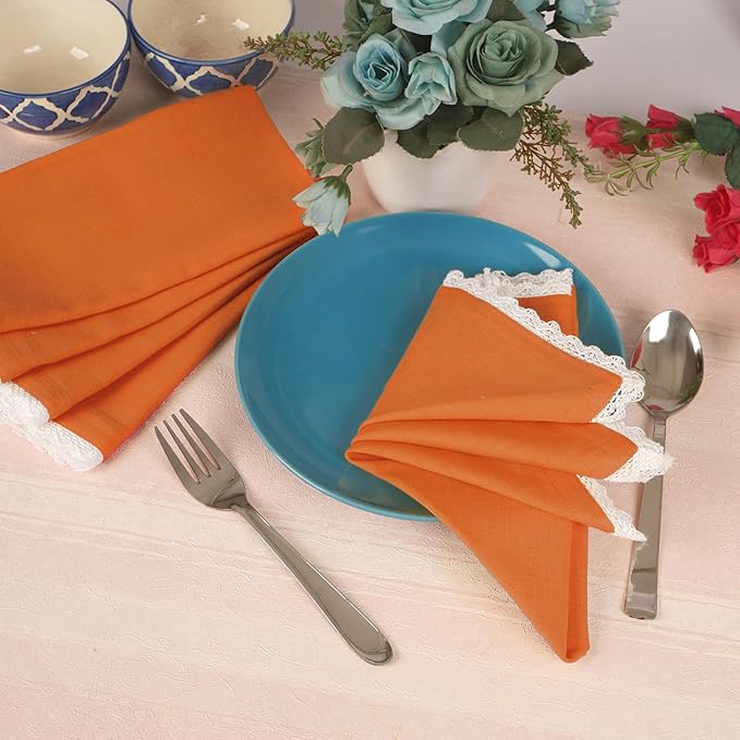 FINGERCRAFT Dinner Cloth Napkin Cotton Linen Blend 4 Pack Mitered Corners with Elegant Lace for Everyday Use Napkins are Pre Shrunk and Good Absorbency Rust Easter Color
