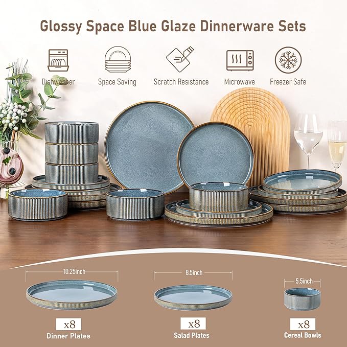 GBHOME 24-Piece Stoneware Dinnerware Set for 8 – Ribbed Ceramic Plates and Bowls, Scratch-Resistant, Microwave & Dishwasher Safe, Reactive Glaze, Reactive Glaze Teal