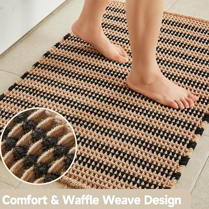 TYUU Waffle Bath Mat, Boho Bathroom Rugs Non Slip Washable Super Absorbent Quick Dry Bath Mat Farmhouse Bathroom Decor, 36"x24" Black and Khaki