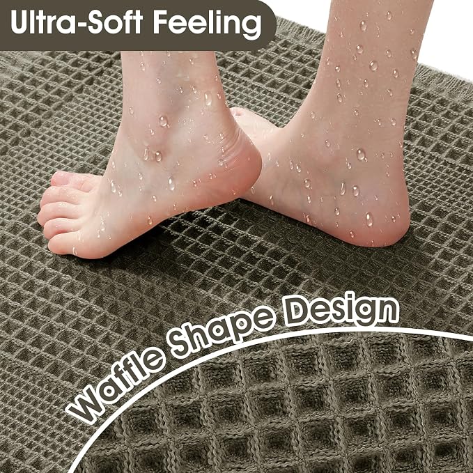Upgraded Waffle Bath Mat, 32"x20" Greyish Green-Looped, Super Absorbent Non-Slip Quick Dry Bathroom Rugs with Tassels, Machine Washable Ultra Soft Boho Bath Rugs, Toilet Mats Boho Farmhouse Decor
