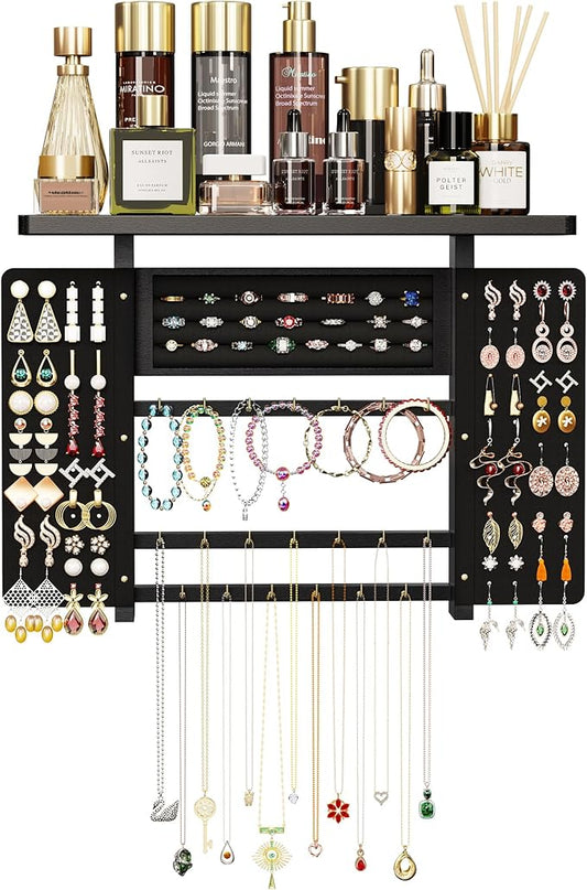 Emfogo Jewelry Organizer Hanging Wall Mounted Jewelry Holder, 5-in-1 Large Capacity Necklace Organizer Wall Display for Ring, Necklaces, Bracelets, Earrings(Black)
