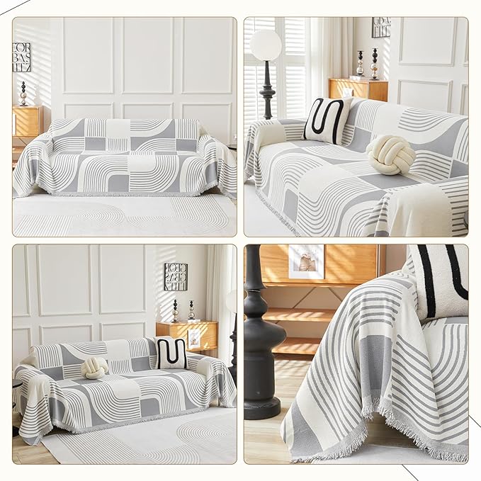 WEYOND Boho Couch Cover Sofa Covers Washable, Chenille Couch Covers for 3 Cushion Couch Sofa Pet Friendly, Bohemian Sofa Slipcovers for Sectional Sofa, Loveseat, 2 3 4 Seater (71" x 134", Grey)