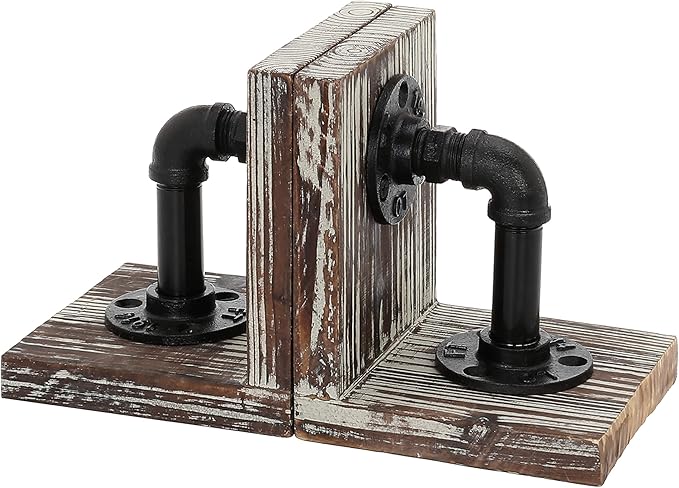 MyGift Decorative Bookends, Office Book Ends for Shelf, Book Holder L-Shaped Stand Desktop, Solid Torched Wood with Realistic Industrial Pipe Design
