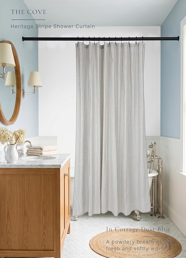 Farmhouse Striped Shower Curtain - 72x84 Inches, Linen Blend Fabric, Breathable & Machine Washable, Rustic Dusty Blue for Bathroom Decor (Hooks/Liner Not Included)