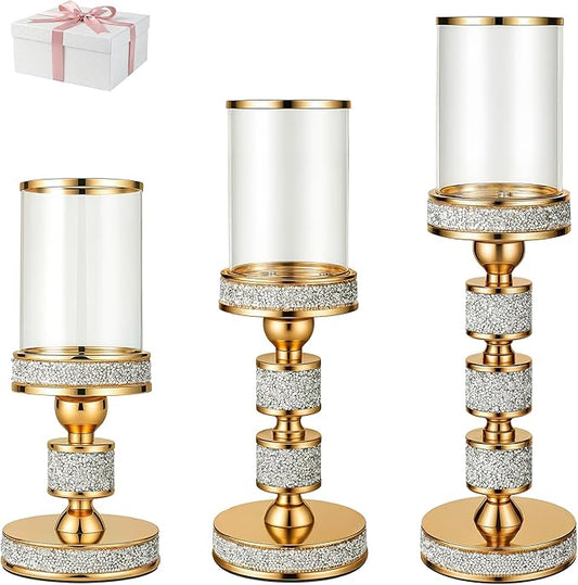 Hurricane Candle Holder, 15.9" Tall Metal Candle Stand, Glass Pillar Candle Holders Crystal Gold Decorative Centerpieces for Table, Wedding and Dining Room (Fits Candles up to 3"x5", 3pcs, S+M+L)