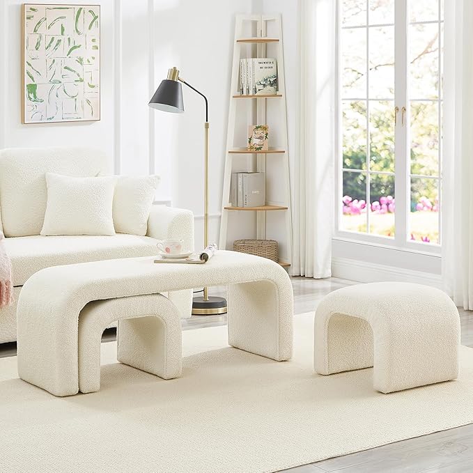 3-Piece Modern Ottoman Bench Set, 44" Wide Teddy Upholstered End of Bed Bench with 2 Foot Stools, Padded U-Shaped Entry Bench Vanity Stool for Living Room Bedroom (Cream)