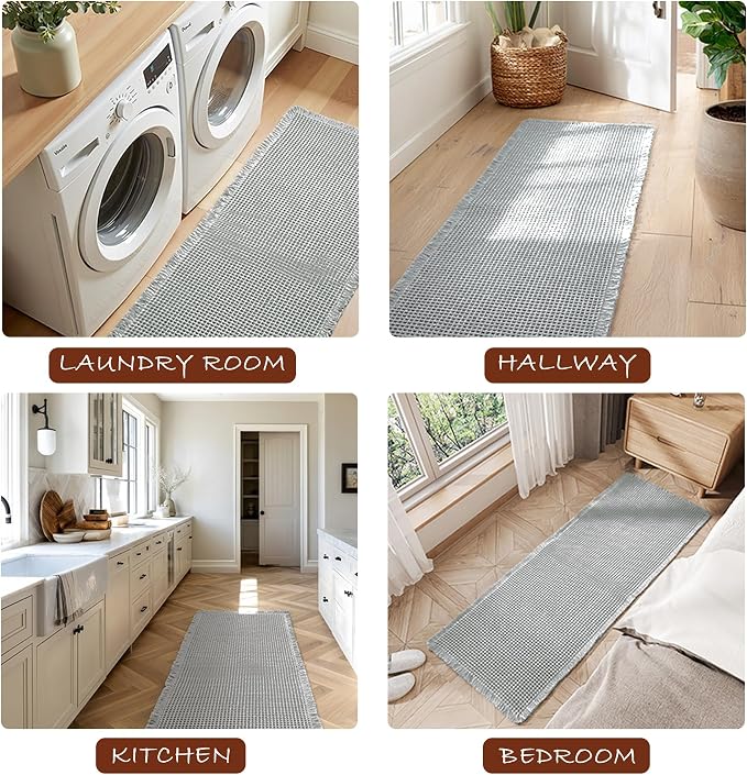 DWCN Set of 2 Waffle Bathroom Mats, Non Slip Bath Rug Set for Bathroom Floor, Super Absorbent Shower Mats for Tub, Washable Kitchen Rugs for Farmhouse Boho Home Decor, 16" x 24" Plus 24" x 60", Grey