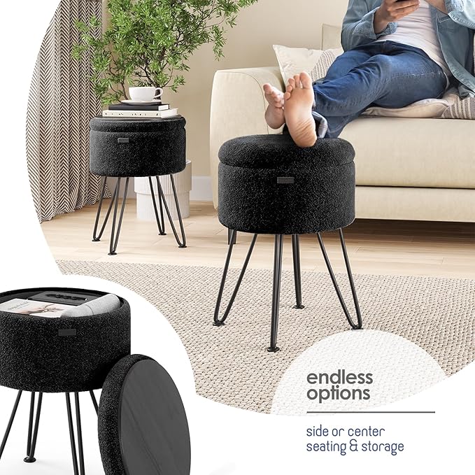 Round Ottoman with Storage, Boucle Storage Ottoman, Foot Stool Ottomans, Makeup Vanity Stool, Small Ottomans Foot Rest, Modern Vanity Stools for Living Room and Bedroom, Black