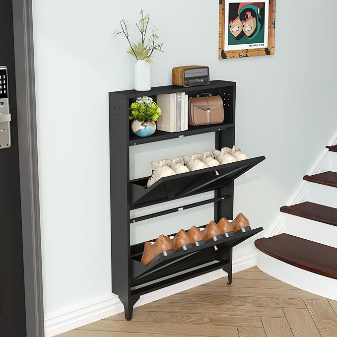 Farmhouse Shoe Storage Cabinet with 2 Flip Drawers, Slim Shoe Cabinets and Barn Door Design, Modern Hidden Slim Narrow Shoe Rack Cabinet for Foyer, Front Door,Living Room,Hallway, Black