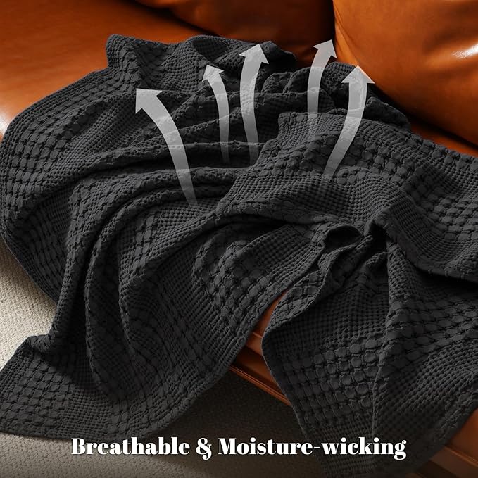 PHF 100% Cotton Waffle Weave Throw Blanket, Soft Lightweight Breathable Cozy Throws for Couch Bed Sofa, Luxury Aesthetic Blanket Gift for Home Decor & Office, 50"x60", Black