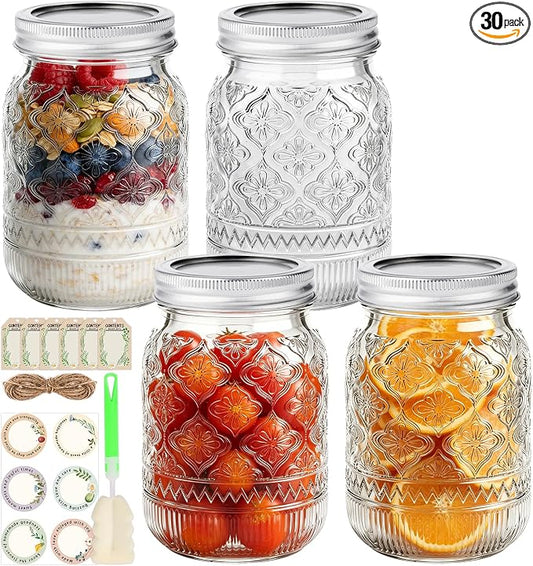 16 oz Embossed Mason Jars 4-Pack, Regular Mouth Pint Glass Canning Jars with Airtight Lids and Bands, Ideal for Overnight Oats, Meal Prep, Pickling, Fermenting, Food Storage, DIY Crafts & Gifts