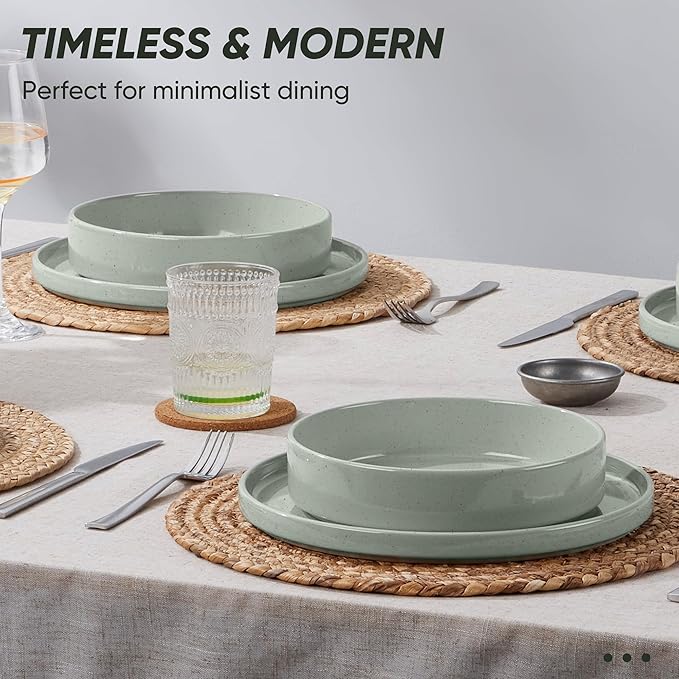 E-far Dinnerware Sets with Pasta Bowls, 24-Piece Stoneware Plates and Bowls Sets for 6 | Microwave & Dishwasher Safe Kitchen Modern Dish Set, Speckled Green