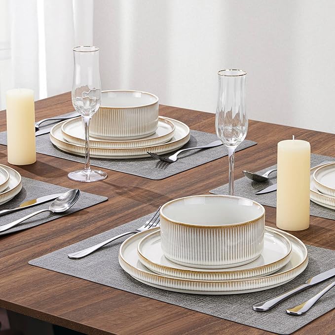 LIANYU 24 Piece Stoneware Plates and Bowls Dishes Set for 6, Dinnerware Sets with Pasta Bowls, Ribbed Dining Ware Dishware for Home Wedding, Microwave and Dishwasher Safe, Dawn Beige