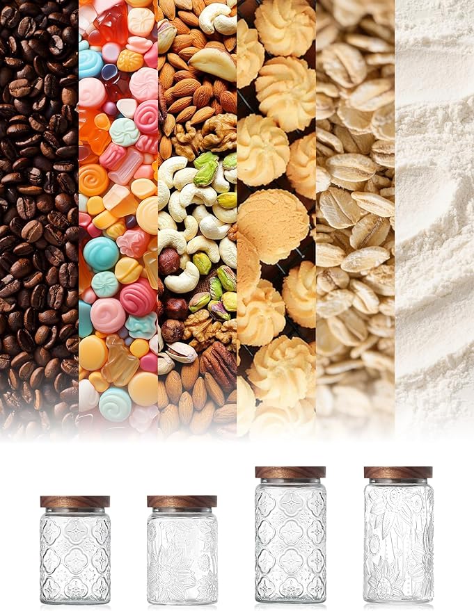 Vintage Glass Jar with Wood Lid - Christmas Airtight Canisters for Kitchen Countertop Bathroom, Storage Candy, Cookie, Coffee, Apothecary, Sugar, Flour,Pet Treat (Sunflower, 34oz/1000ml)