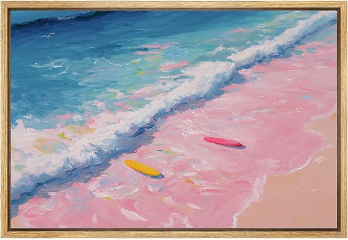 MUDECOR Framed Canvas Print Wall Art Pink Shoreline Waves with Surfboards Coastal Scene Illustrations Minimalism Decorative Bohemian Zen for Living Room, Bedroom, Office - 16"x24" NATURAL