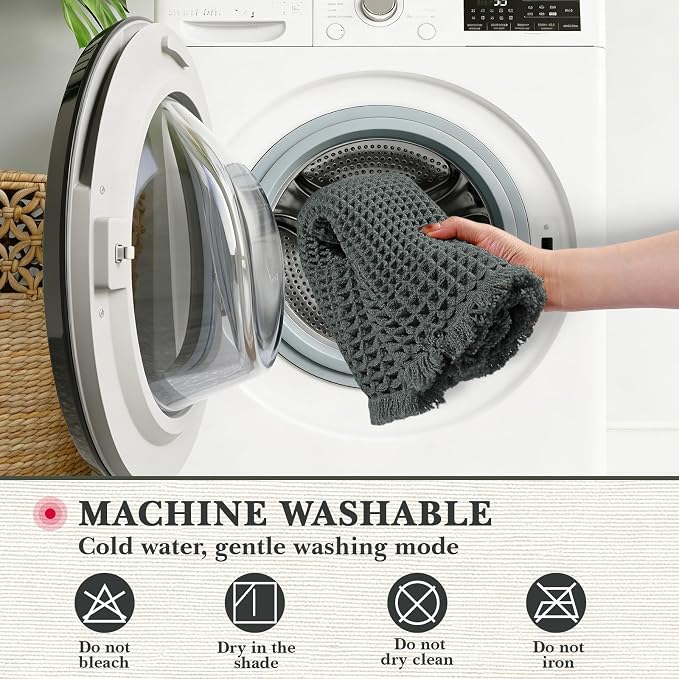 Waffle Bath Mat 24''x72'' Bathroom Runner Rugs Non Slip Bath Rug Runner Washable Bath Rugs Knit Bath Mats, Quick-Drying Floor Mat, Boho Tassel Style Suitable for Bathroom Floor, Dark Grey