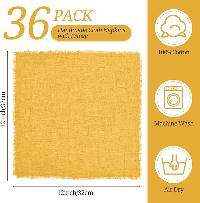 36 Pack Yellow Handmade Cloth Napkins 12 x 12 Inch Cotton Linen Napkins with Fringe, Washable and Reusable Napkins, Soft Rustic Boho Fringe Cloth Napkins for Dinners,Parties, Wedding