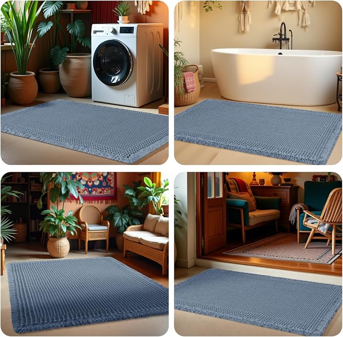 Upgrade Waffle Bath Mat Set 2 Piece, Boho Bathroom Rugs Absorbent Non Slip, Ultra Soft Bathroom Mat, Machine Washable Knit Bath Rugs with Herringbones for Bathroom,Bedroom,Kitchen, Shower, Tub, Blue