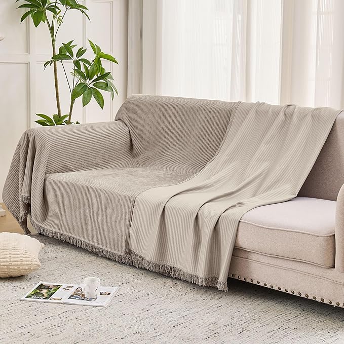 LOMAO Couch Cover Sofa Covers for 3 Cushion Sectional Couch Covers L Shape Couch Cover with Tassel Sofa Protector Washable Reversible Chenille Sofa Slipcover for Pet (Khaki,Large(71 * 118))