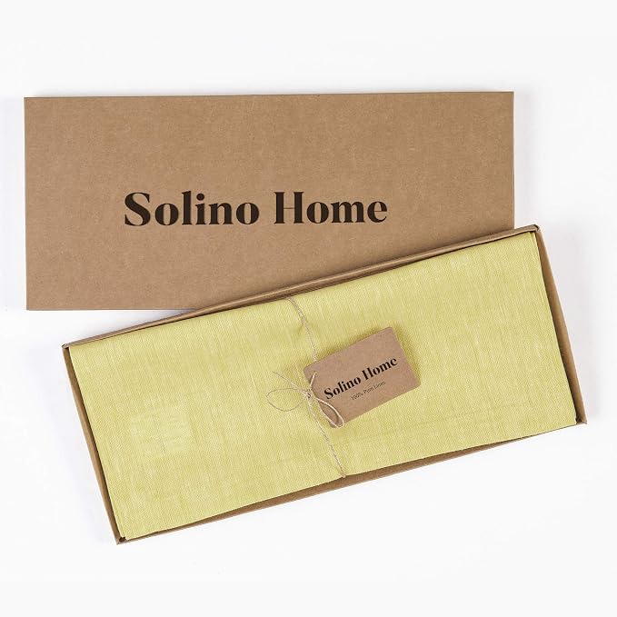Solino Home Linen Small Table Runner 60 Inches - Athena, 100% Pure Linen Chambray Yellow Table Runner 14 x 60 Inch Ideal for Dresser and Coffee Tables, Summer