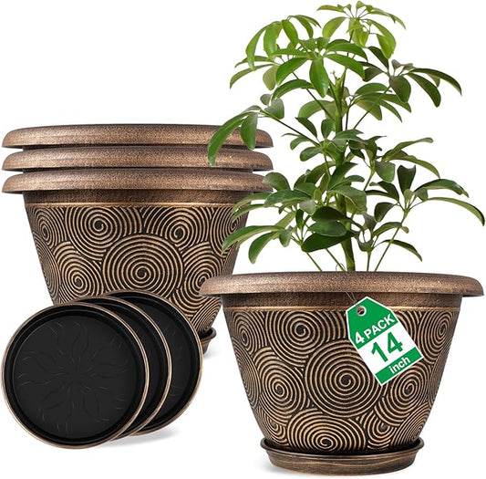 Fodetyff 14 Inch Large Planter Pot for Plants Indoor Outdoor, 4 Pack Plastic Flower Pots with Drainage Hole & Tray, Modern Decorative Garden Pot with Saucer, Plant Container for House