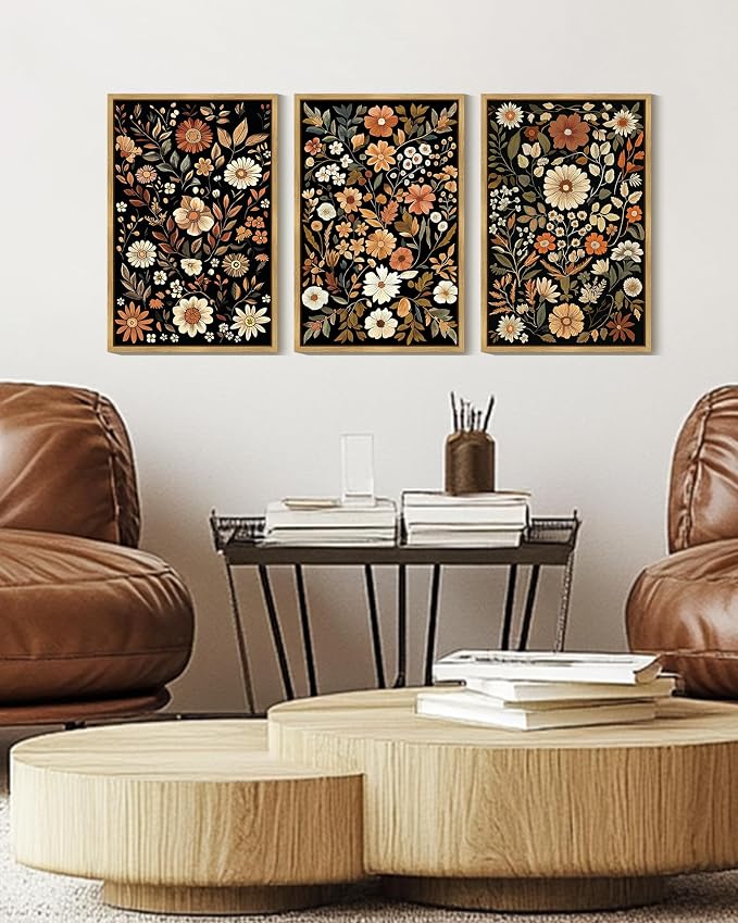 KUVIOKE Orange Vintage Flower Framed Wall Art Boho Floral Wall Decor Retro Wildflower Modern Art Prints for Living Room Bedroom 16x24in (Natural Framed)