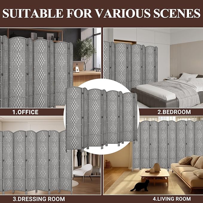 HALLYBEE Room Divider, Room Dividers and Folding Privacy Screens, 16in Privacy Screen, 8 Panel Temporary Wall Partitions, 6ft Space Separation Panel Screen, Grey