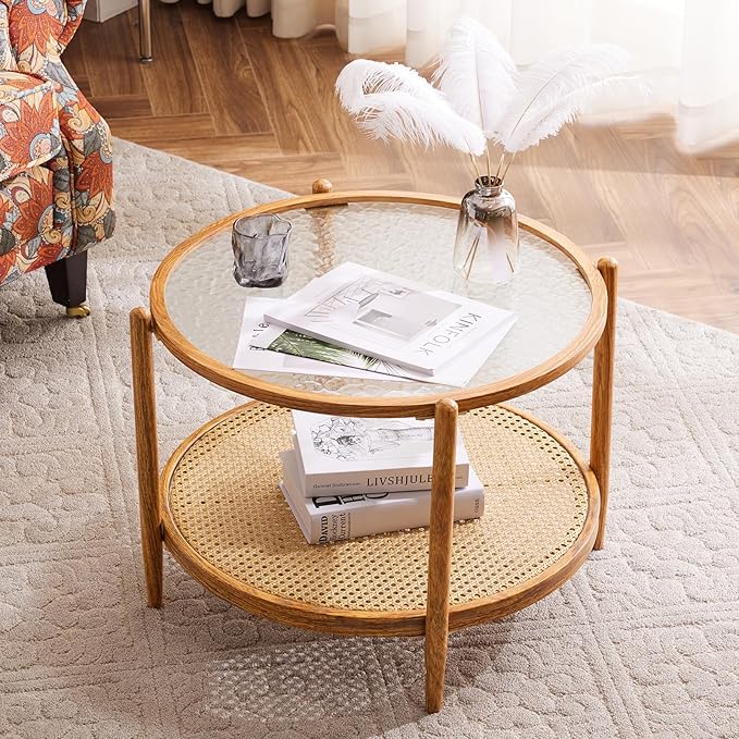VINGLI 25.6" Rattan Coffee Table, Round Water-Wave Glass Metal Center Table, Modern Coffee Table with 2-Tier Storage, Farmhouse Circular Coffee Tables for Living Room and Small Space, Natural Vibe