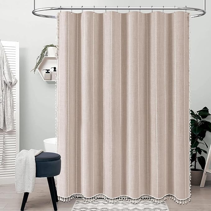 BTTN Stall Fabric Shower Curtain - 54x78 Boho Striped Linen Heavy Duty Tassel Shower Curtain Set with 10 Hooks, Narrow Rustic Modern Farmhouse Bohemian Thick Shower Curtains for Bathroom - Tan/Taupe