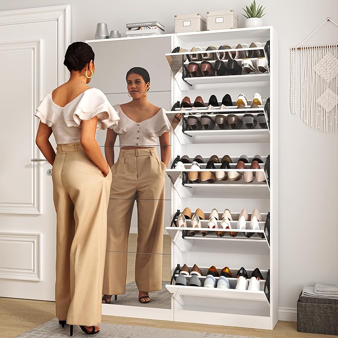 Shoe Storage Cabinet with Full Length Mirror, 30 Pairs & 5 Flip Drawer, Free Standing Shoe Rack Cabinet, Narrow Shoes Organizer for Front Door, Entryway
