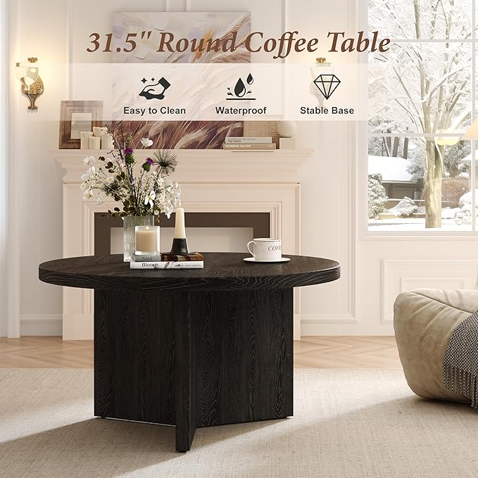 Luoxiao 31.5" Black Round Coffee Table Modern Circle Center Table for Living Room, Space-Saving Wood Accent Table for Apartments, Study, with Adjustable Feet Pads, Easy Assembly