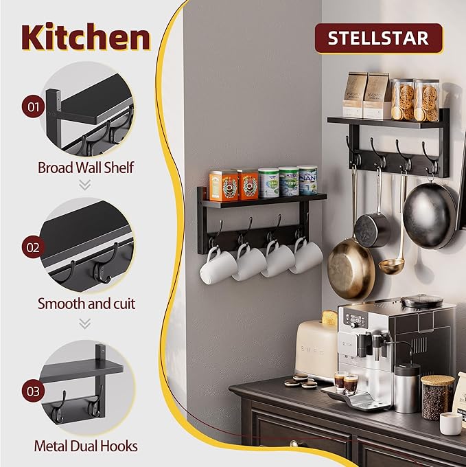 STELLSTAR Coat Rack with Shelf, 2 Pack Bamboo Wall-Mounted Coat Hanger with 8 Hooks for Entryway, Hallway, Kitchen, Bathroom, Living Room, Utility Room (Black)