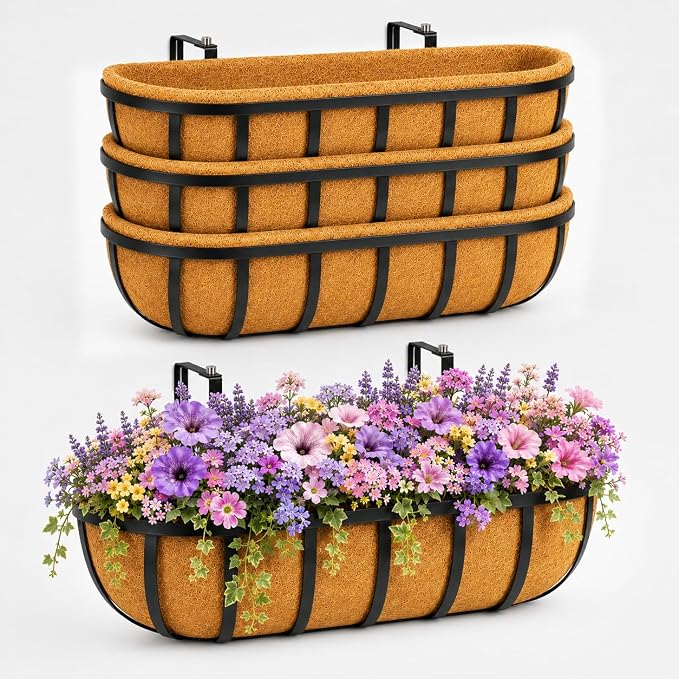 24" Railing Planter with Adjustable Brackets, Window Box with Coco Liner, Hanging Flower Metal Box for Indoor Outdoor, Balcony Deck Fence Porch Patio, Black, Set of 4