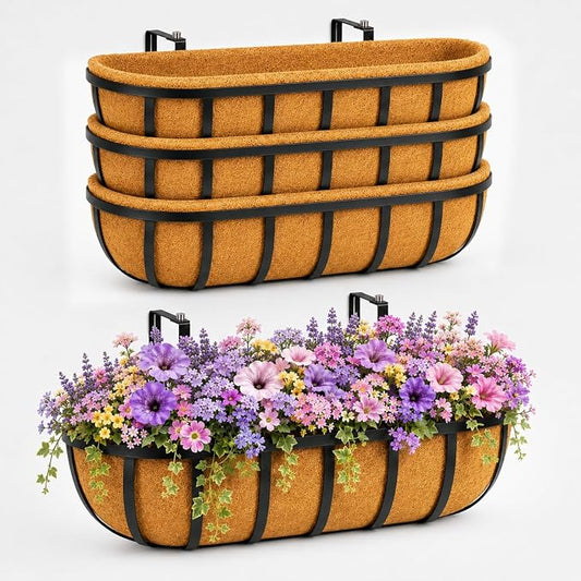 24" Railing Planter with Adjustable Brackets, Window Box with Coco Liner, Hanging Flower Metal Box for Indoor Outdoor, Balcony Deck Fence Porch Patio, Black, Set of 4